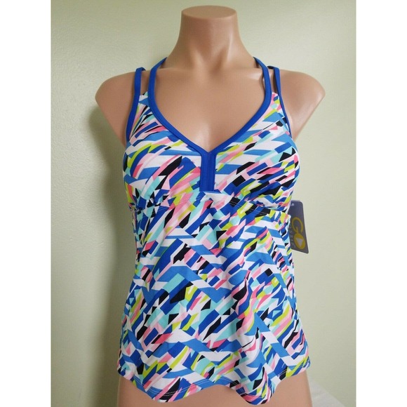 Go by Gossip Crossed Signals printed racer back tankini top size S - Picture 3 of 4